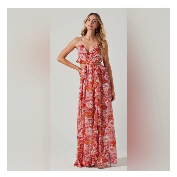ASTR The Label Palace Floral Cut Out Ruffled Maxi Dress Size Medium Pink Wedding - Picture 2 of 13